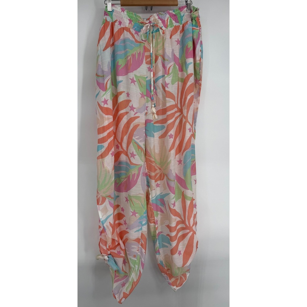 Shore Life Womens Sz 3X Tropical Print Beach Pants Pastel Shell Tie Hem Slits